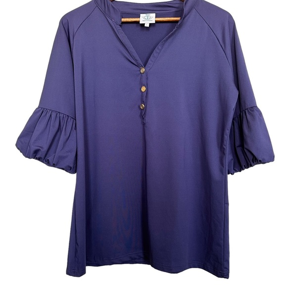 TRACY Negoshian Women’s Sz L Piper Bell Sleeve Blue Top - Picture 2 of 7